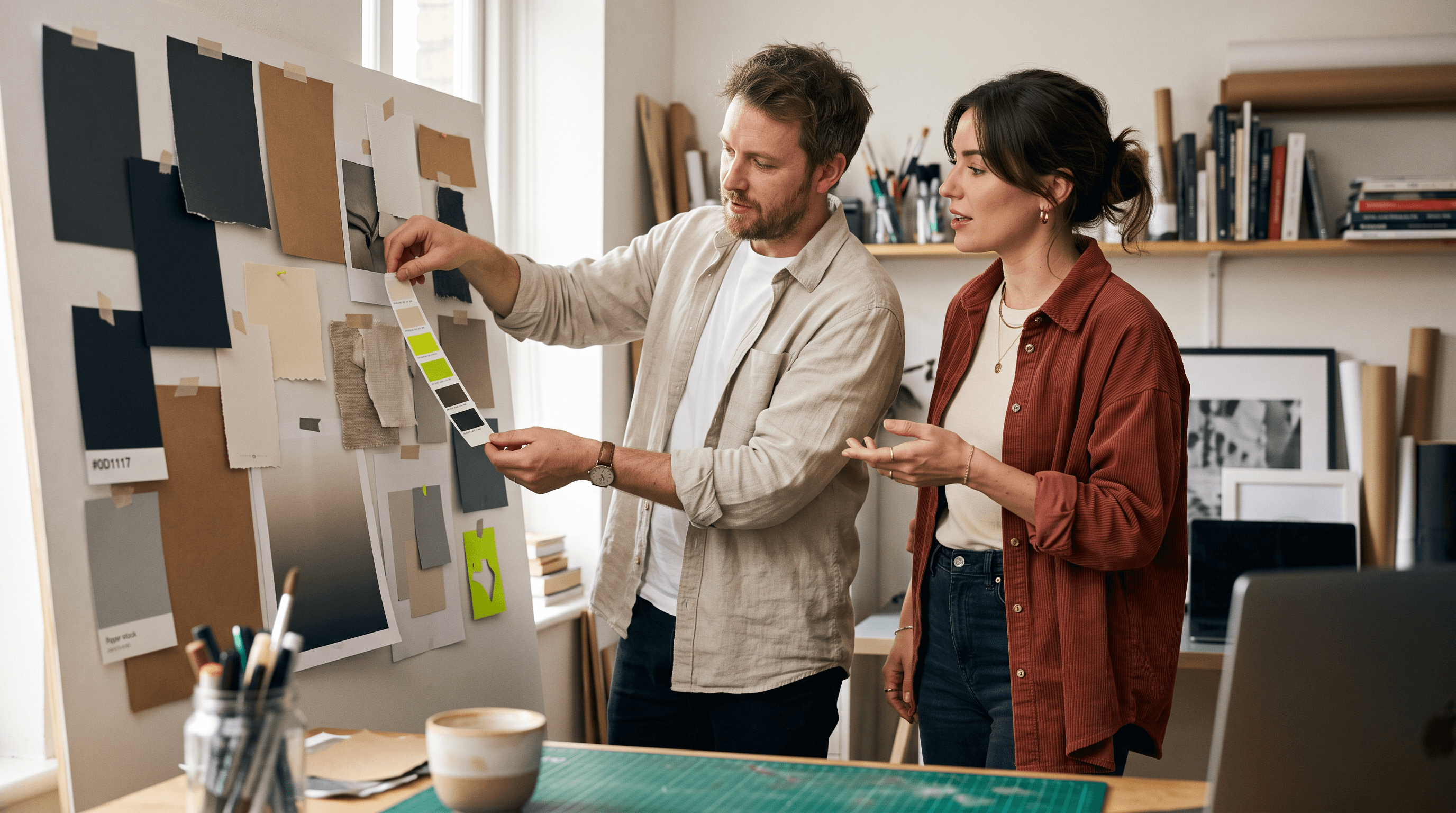 Two designers collaborating over a brand mood board in a studio