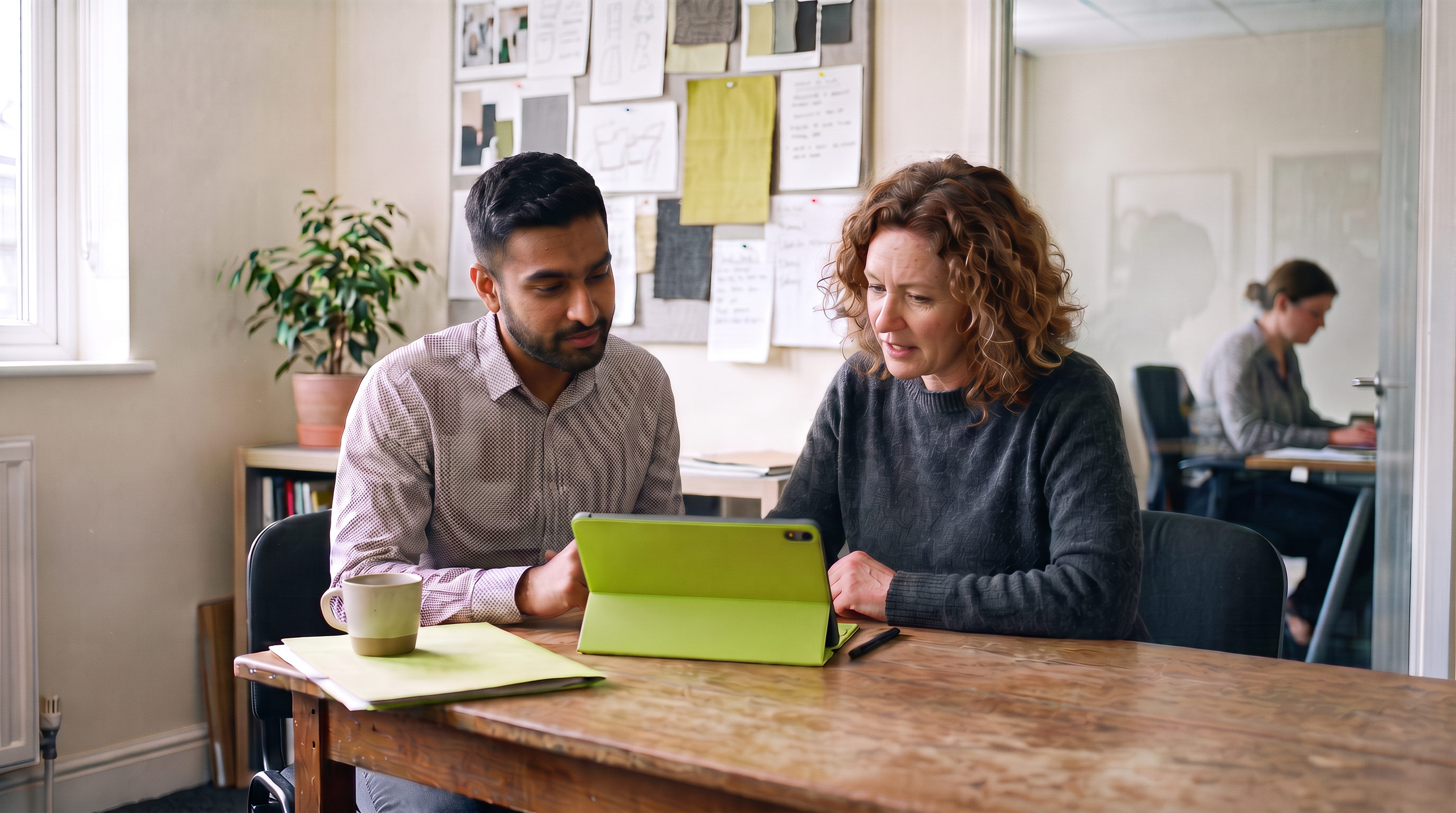 Two colleagues reviewing a contract together on a tablet in a design studio
