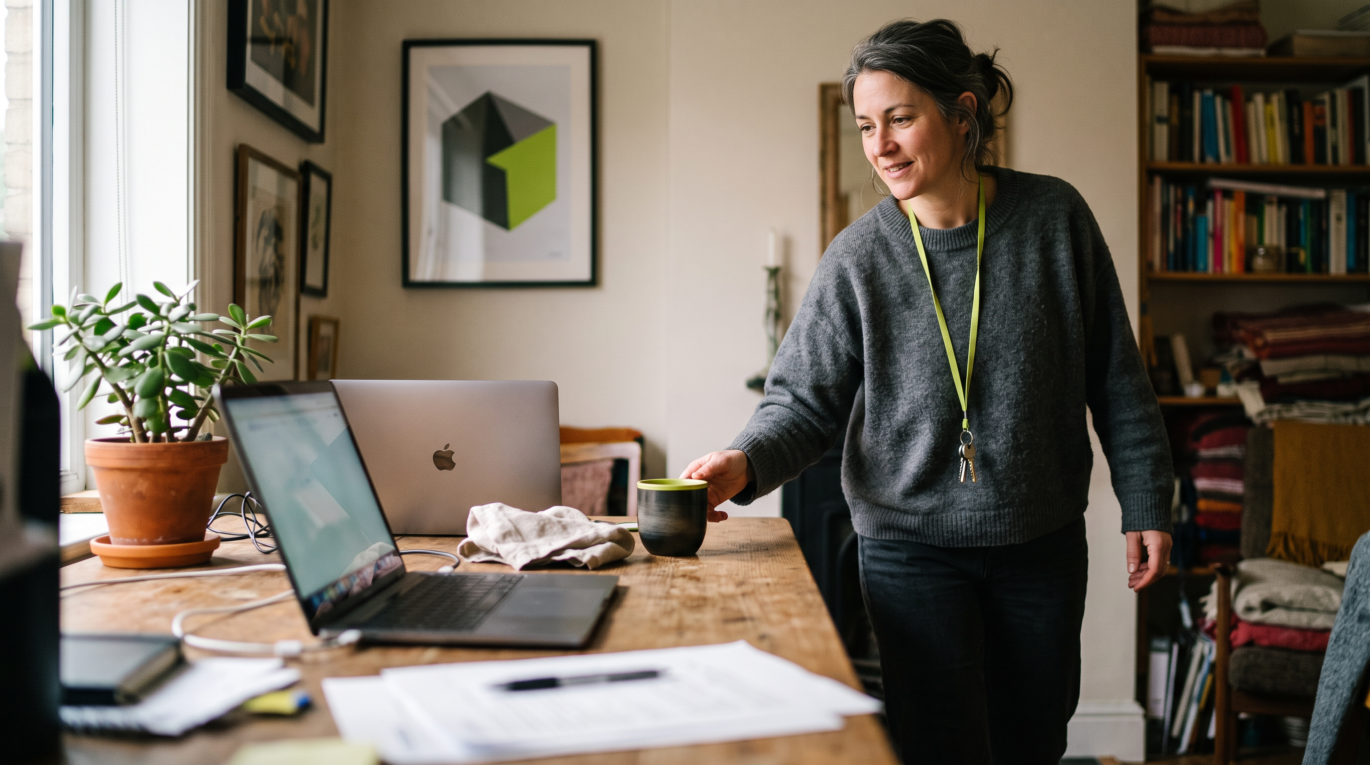 A freelancer stepping away from her home-office desk, coffee in hand, invoicing handled