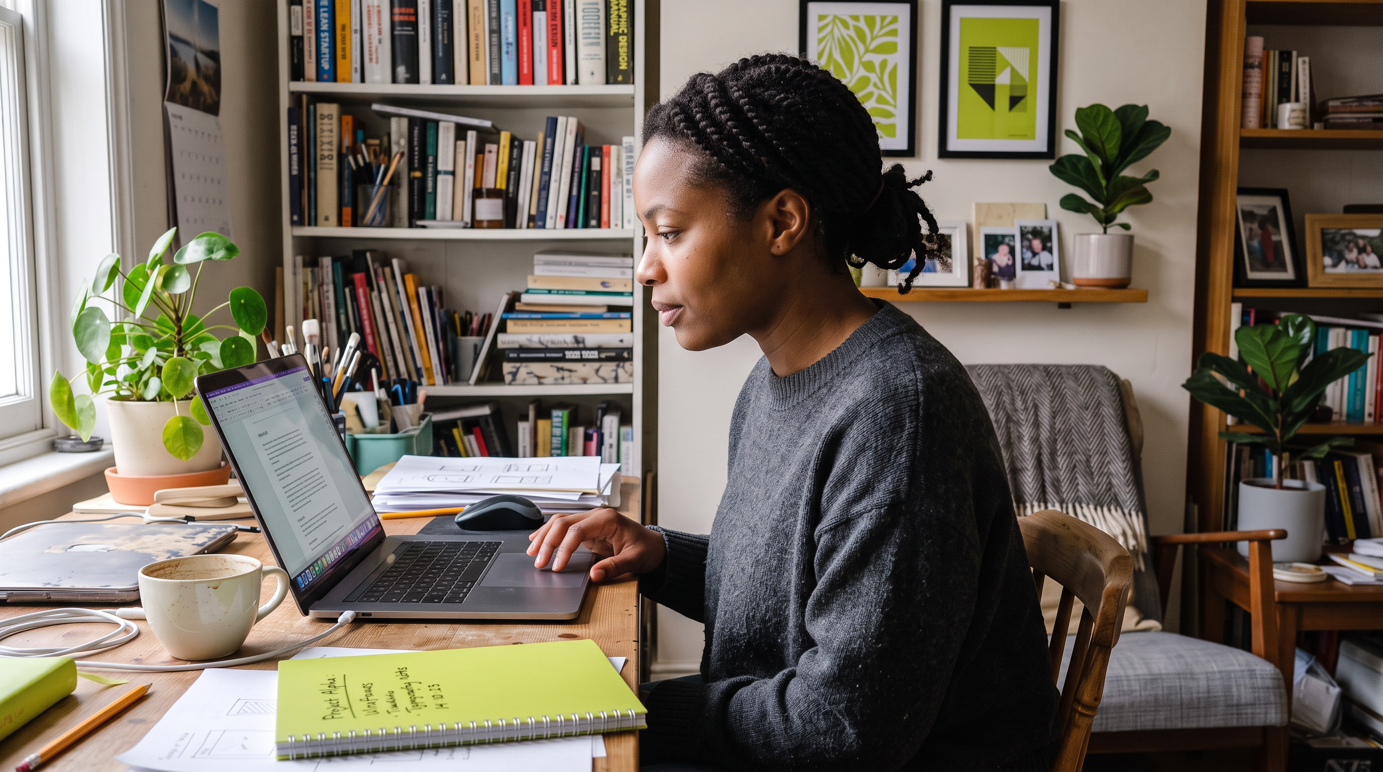 A freelance designer reviewing a proposal at her home studio desk