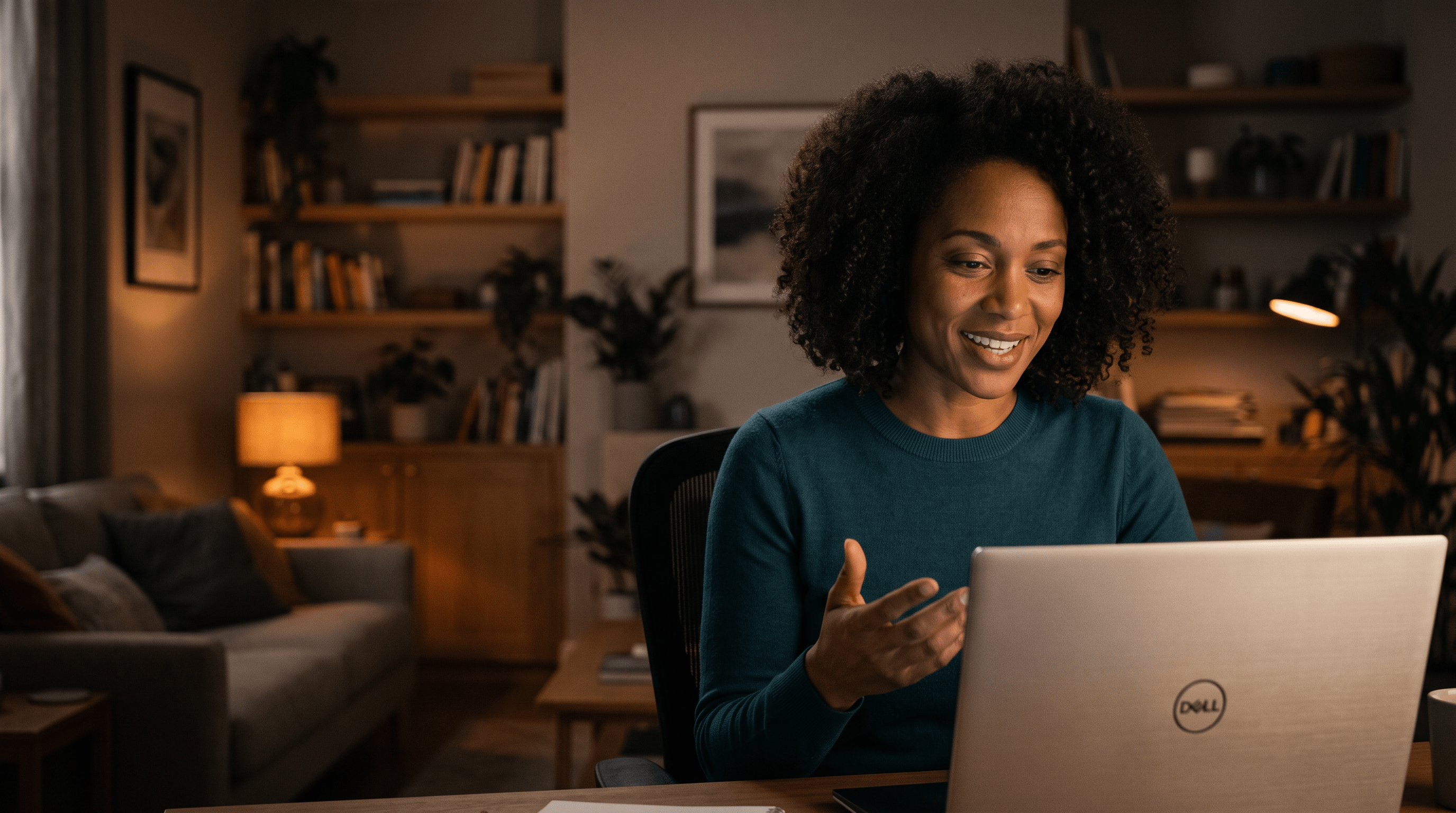 A freelancer smiling on a video call with a client from her cosy home studio in the evening